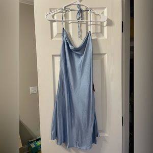 Libby Story Motel Twyla. NWT. Light Blue satin, backless, halter mini dress.